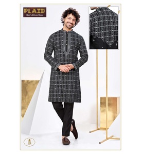 Ropa festiva Kurta de seda suave para hombres con bordado clásico para ceremonias de boda de la India - Product Image 2