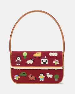 Sac à main brodé pour femme, pochette à franges, motif animaux de la ferme, sac à bandoulière perlé avec perles de verre rouges, style village - Product Image 1