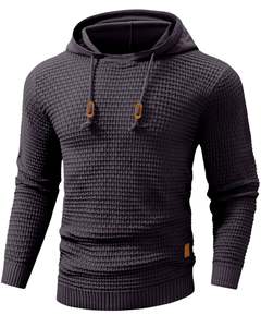 <b>Men</b> Dark Gray Textured Knitted <b>Hoodie</b> Pullover Long Sleeve Casual Sweatshirt Streetwear Winter Wear With Hood And Drawstring - Product Image 1