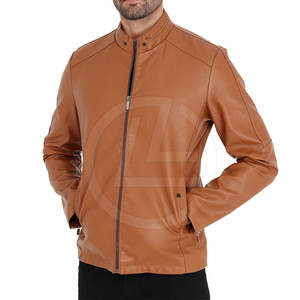 High Quality Sheep Skin Leather Trucker <b>Jacket</b> for <b>Men</b> with Zipper Front and Stand Collar <b>Canvas</b> Fabric - Product Image 3