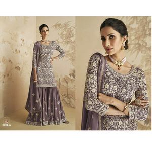 Collection Premium Eid Gharara : Plazzo élégant avec dupatta en Georgette de renard lourdement brodé de sequins, magnifiquement orné pour femme - Product Image 1