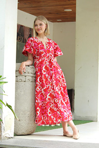 Vestido de Mujer de Algodón 100% Suave, Cuello en V, Estampado Floral Hecho a Mano, Ecológico, Lavable, de Manga Corta, Hasta la Rodilla, para Exteriores - Product Image 5