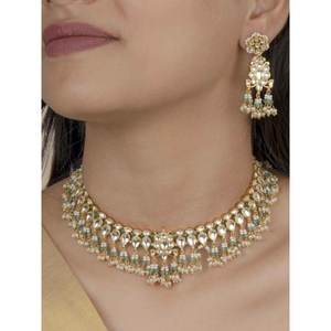 ชุดสร้อยคอ Jadau Kundan สีเขียวสีทองเครื่องประดับเจ้าสาวสไตล์วินเทจเพทาย MS2001Y สแตนเลส - Product Image 3