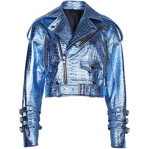 Blue Shiny <b>for</b> <b>Leather</b> <b>Jacket</b> <b>Women</b> Motorcycle Outerwear Custom Logo Winter Fashion Coat Canvas 100% Polyester <b>Bomber</b> - Product Image 4