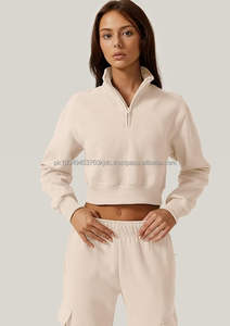 Womens Half Zip Crop Sweatshirt High Neck Long Sleeve Pullover Cropped <b>Top</b> - Product Image 2