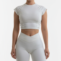 Ensemble de yoga 5 pièces personnalisé OEM pour femme : haut court sans manches à épaules dénudées, leggings évasés côtelés taille haute dos nu, couleur unie sans couture
