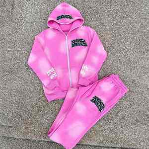 Streetwear d'hiver personnalisé survêtement ensemble de jogging vintage sweat à capuche zippé délavé à l'acide pantalon de survêtement évasé jambe droite survêtement hommes 100% - Product Image 2