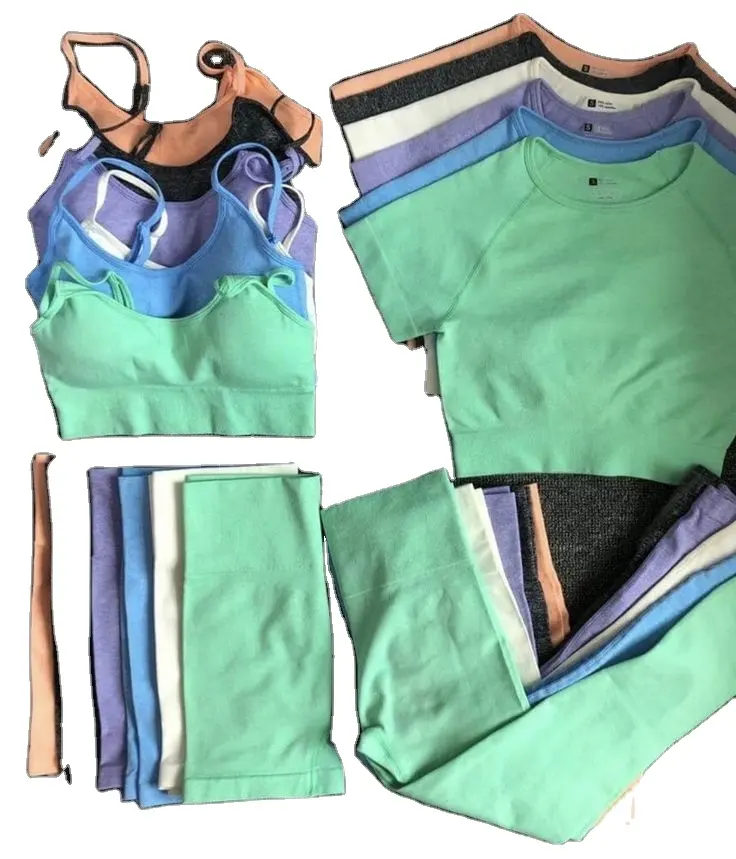 5 uds ropa de gimnasio sin costuras traje de Yoga pantalones traje deportivo mujeres entrenamiento gimnasio Fitness conjuntos logotipo personalizado impresión Spandex / Nylon