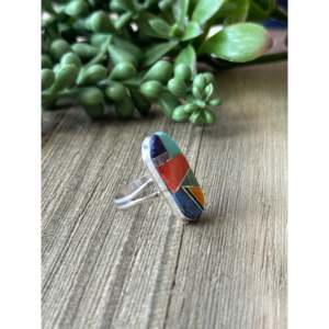 Navajo Handcrafted <b>Turquoise</b> & Opal Sterling Silver Inlay <b>Ring</b> Size 7.25 - Product Image 3