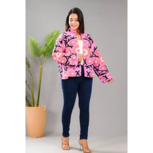 Pink Flower Embroidery <b>Reversible</b> <b>Jacket</b> for Ladies Customizable Logo Quilted Boho Outerwear for Spring Autumn Short Winter Coat - Product Image 4