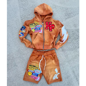 Conjunto Deportivo de Sudadera con Capucha y Pantalones Cortos de Felpa Gruesa con Lavado Ácido y Estilo Vintage, Personalizado con Logotipo OEM 2025 para Hombre - Product Image 2