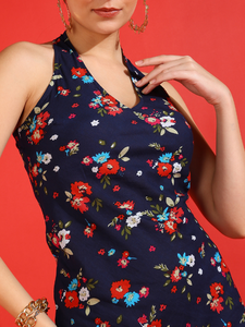 เดรสสั้นทรงเอไลน์พิมพ์ลายดอกไม้ผ้าคอตตอนสีฟ้าสำหรับผู้หญิงชุดตะวันตกแขนกุดคอวีเครื่องแต่งกายทันสมัยใส่ได้ทุกวันและฤดูร้อน - Product Image 6