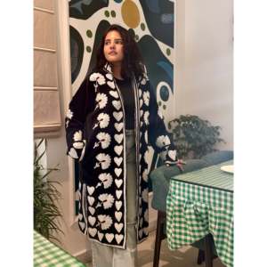 Velvet Embroidered Long Jacket <b>Black</b> <b>Hearts</b> Pattern Reversible Detachable Floral Zipper Closure Stand Collar Vintage Logo Line - Product Image 1