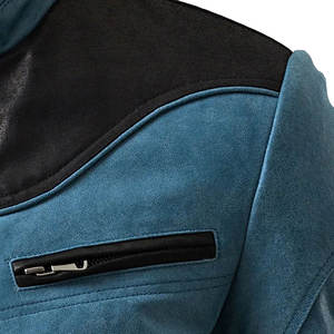 Chaqueta de Cuero Azul y Negra para Hombre, Chaqueta de Motociclista Elegante con Bolsillos con Cremallera y Cuello Alto, Nuevo Diseño - Product Image 5