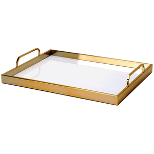 Best Quality Food Serving Tray Glossy Silver Mirrored Finished Stainless Steel Serving Tray With Attractive <b>Golden</b> Handle - Product Image 4