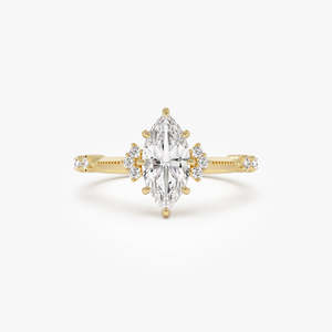 Bague vintage Art Déco en or 14 carats avec diamant de laboratoire taille marquise, 1,10 carat total, couleur E-F, pureté VS, sur mesure pour femme - Product Image 1