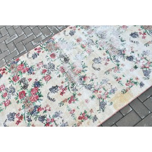 Vintage Rug, Area 3.9x8.8 ft Turkish Rug, <b>Red</b> Blue Floral <b>Wool</b> Rug - Product Image 5