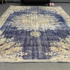 Alfombra Turca, Alfombra Vintage de 6.5x8 pies, Alfombra de Lana Azul Beige Estilo Suroeste - Product Image 2