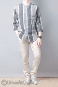 Camisa a rayas hecha a medida de manga larga con cuello Mandarín de tela de lino y algodón puro a la moda para hombre, camisas holgadas - Product Image 6