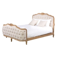 Lit King Size classique France avec tête de lit rembourrée en tissu crème-meubles en bois anciens Fabrication artisanale de Jepara