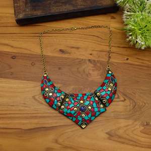 <b>Boho</b> Mosaic Statement <b>Necklace</b> | Red & Turquoise Inlay Bib Collar Ethnic Tribal Style Geometric Jewelry Festival Accessory - Product Image 3