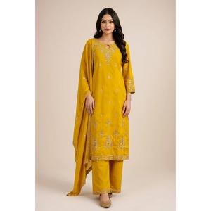 Ensemble Kurta Palazzo en Chiffon Brodé Jaune Élégant pour Femmes, Toutes Saisons, avec Dupatta - Manches Trois-Quarts - Product Image 1