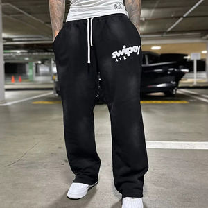 100% algodón cordón costura Jogger pantalones francés Terry apilado Flare pantalones de chándal hombres recto pierna ancha pantalones de chándal holgados - Product Image 1