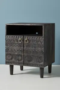 MANGALAM ART EXPORT European Carved Mango Wood <b>Nightstand</b> with Storage Handmade Durable Apartment Bedroom Furniture 2 Drawers - Product Image 1