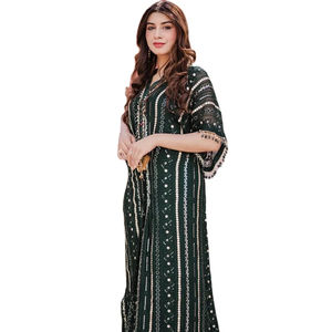 Caftan modeste pour femmes brodé manches trois-quarts Boho Elegant Floor Length Side Split Maxi - Product Image 1
