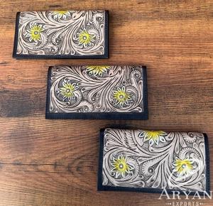 Nouveau portefeuille de sculpture d'outillage fait à la main portefeuilles floraux en cuir à deux volets Design en cuir usiné pour portefeuille en cuir véritable pour femmes - Product Image 1