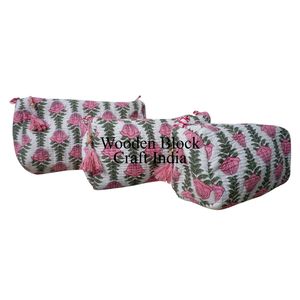 Vintage High Quality Floral Print Makeup Bag <b>Set</b> Floral Printed Cotton Quilted 3Pouch <b>Set</b> Stylish Cosmetic & <b>Travel</b> Organization - Product Image 3