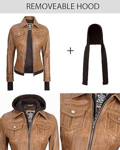 Trusted Manufacturer Supplier's Custom Women's Genuine Lambskin Hooded <b>Leather</b> <b>Jacket</b> Solid Pattern Outerwear Removable Hood - Product Image 6