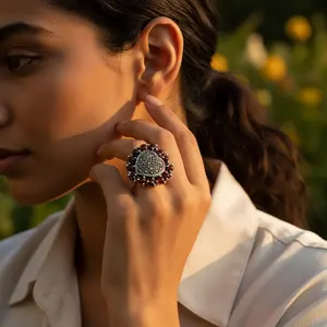 Women's 925 Silver Garnet & Marcasite <b>Ring</b> Rhodium & 14K Gold Plated Cut Stone Setting Wedding Gift Jewelry - Product Image 3