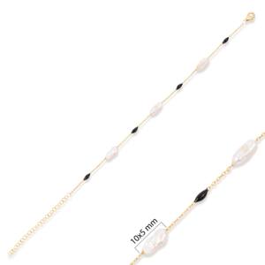 Pulsera de Cadena con Perlas de Agua Dulce y Esmalte Negro, Joyería Turca Hecha a Mano en Plata de Ley 925, Venta al Por Mayor - Product Image 2