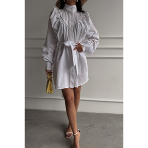 Robe évasée en popeline blanche pour femme, design boutonné sur le devant avec ceinture élégante à nouer - Product Image 6