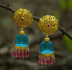 Vàng Mạ Hoa Thiết Kế Cao Cấp Chất Lượng Bông Tai-Màu Xanh Và Màu Đỏ Ruby Ánh Sáng Bạc Hà Đá Jhumka Thiết Kế Matte Hoàn Thành Bông Tai