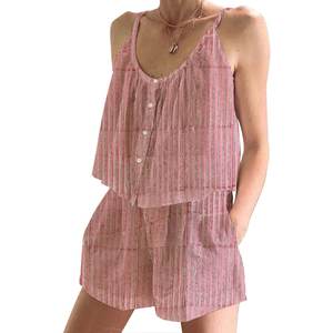 Conjunto de Pijama de Algodón Estampado con Bloques, para Mujer, Primavera/Verano, Floral, Ajustado, con Tirantes, sin Mangas - Product Image 1