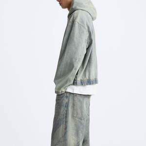 Sudaderas con capucha de mezclilla de diseño personalizado Y2K Streetwear Boxy Fit Oversized Pullover Sudadera con capucha recortada de peso pesado - Product Image 4