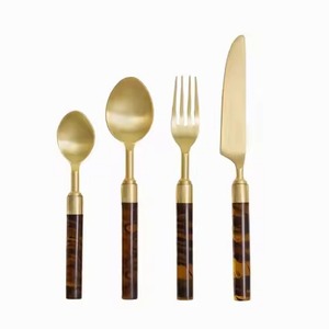 Mirrored Steel Metal Food Safe Flatware Set With Blue Enamel Handle <strong>2</strong> Spoon <strong>1</strong> Fork and <strong>1</strong> Knife Gold <strong>Cutlery</strong> Set <strong>in</strong> Acrylic - Product Image 1