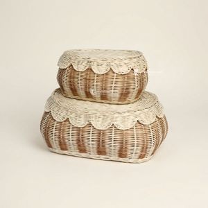 Cesta de Almacenamiento Circular con Borde Festoneado y Tapa, Organizador de Ratán Tejido a Mano, Tamaño M, para Baño, Dormitorio y Sala de Estar - Product Image 1
