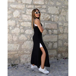 Ensemble robe et débardeur en viscose à bretelles et col rond pour femme avec poches et détail fendu, 36850 - Noir - Product Image 5