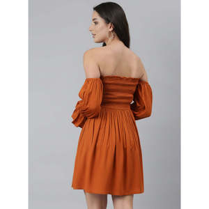 Deebaco Women's Off-The-Shoulder Balloon Sleeve Mini <b>Dress</b> A-Line Solid Smocking Chiffon <b>Loose</b> Fit Summer Cocktail <b>Dress</b> - Product Image 4