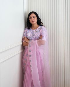 Beautiful <b>Organza</b> Saree Cover with Print All Over with Handcraft Work All Over Saree and <b>Silk</b> Blouse with Print & Work by Fabzon - Product Image 5