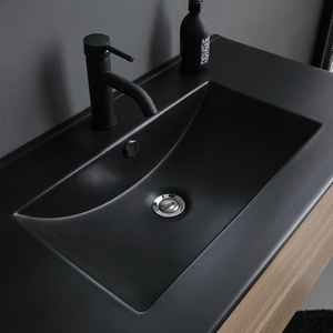 Meuble de salle de bain minimaliste mural de 90 cm avec 2 tiroirs en chêne, lavabo noir, miroir 90x70, lampe Belize, ensemble complet - Product Image 3