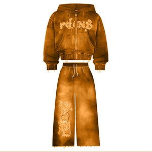 Conjunto de Sudadera con Capucha y Pantalones Deportivos Extra Grandes para Hombre, 100% Algodón, 430 g/m², Estilo Vintage, Lavado Ácido, con Estampado 3D y Pedrería - Product Image 4