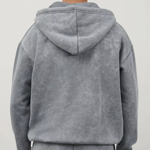 Sweat à capuche en molleton 100% coton teint en fil, délavé à l'acide, pour homme, fermeture éclair unie, service OEM, hiver - Product Image 5