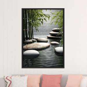 Impression sur toile élégante et apaisante en bambou et pierres pour un décor serein, TOILE ENCADRÉE NOIRE - Product Image 1