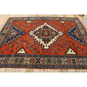 Tapis turc vintage en laine de grande taille 6,7x9,3 pieds, design patchwork écologique, rouge et bleu, avec envers en latex - Product Image 2