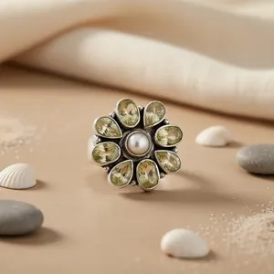 Vintage 925 <b>Silver</b> Flower Cluster <b>Ring</b> with Oval Cut Diamond Bezel Setting Trendy Cocktail <b>Ring</b> Women's Everyday Wear - Product Image 2
