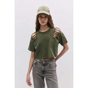 Women's Crop Top <b>T</b>-<b>Shirt</b> Cut Shoulders Casual Style Bow Collar 100% Cotton Breathable Decorated Diamonds Available <b>One</b> Size XXS - Product Image 1